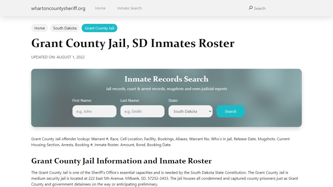 Grant County Jail, SD Jail Roster, Name Search